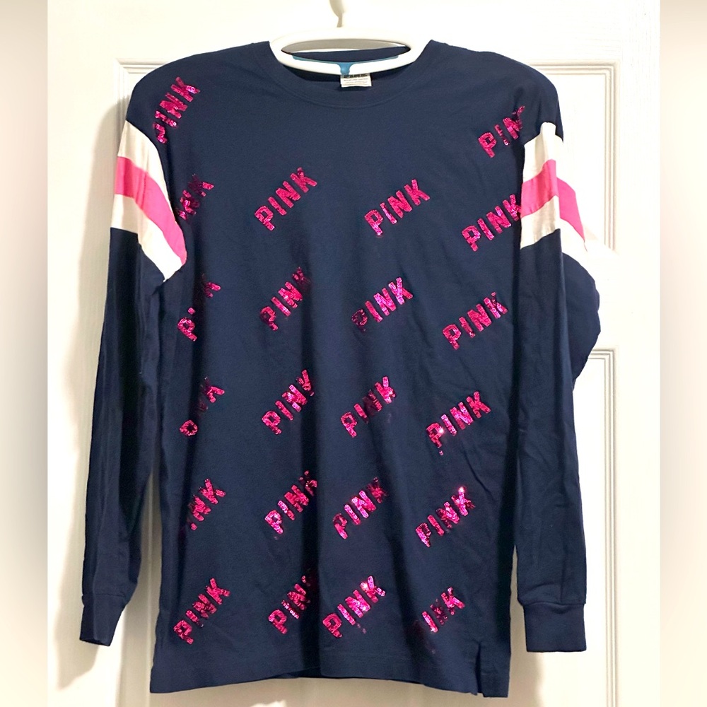 Victoria’s Secret PINK Bling Logo Navy Campus Long Sleeve Tee XS